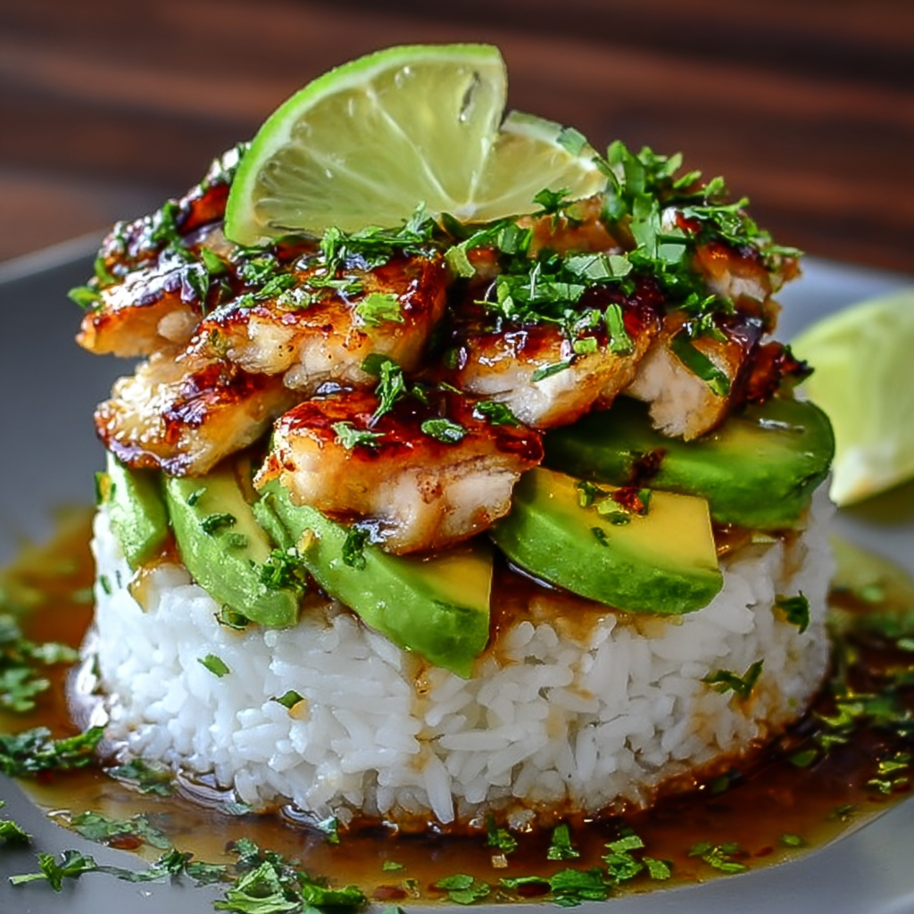 Grilled honey lime chicken with avocado rice stack