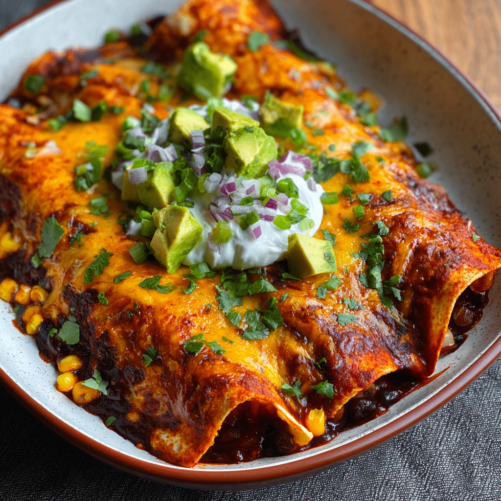 Slice of enchilada with avocado and sour cream