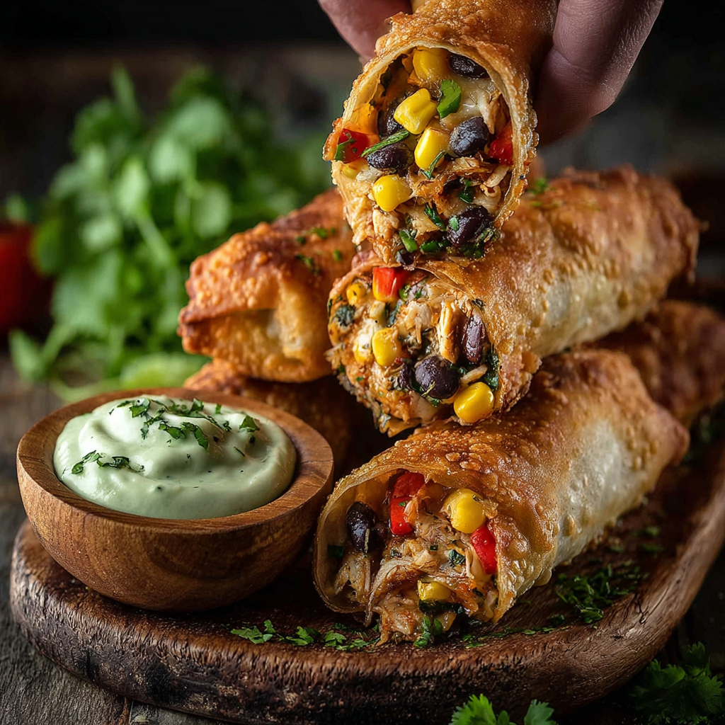 Stack of eggrolls with southwest ranch dip