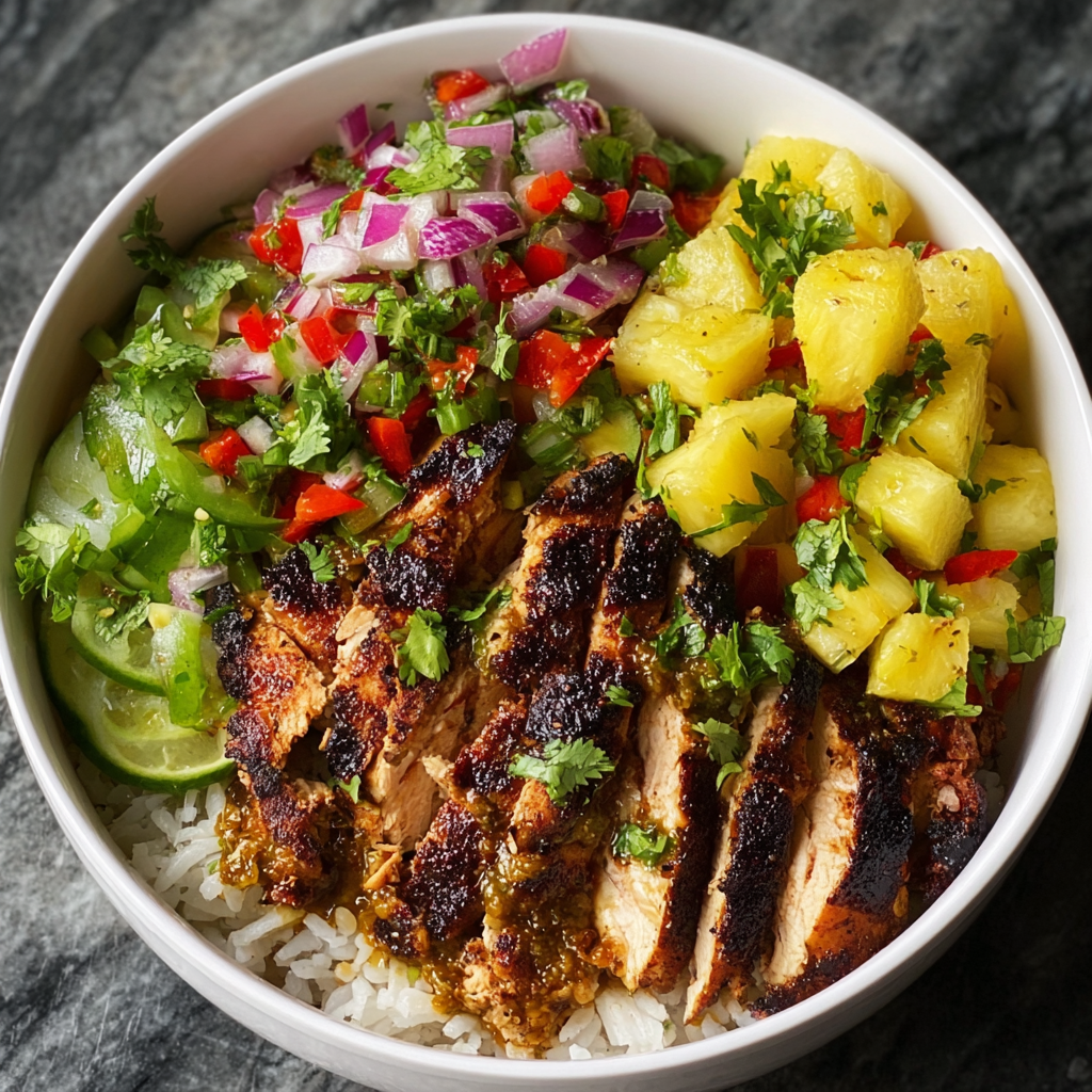 Jerk chicken and pineapple salsa in bowls with lime wedges