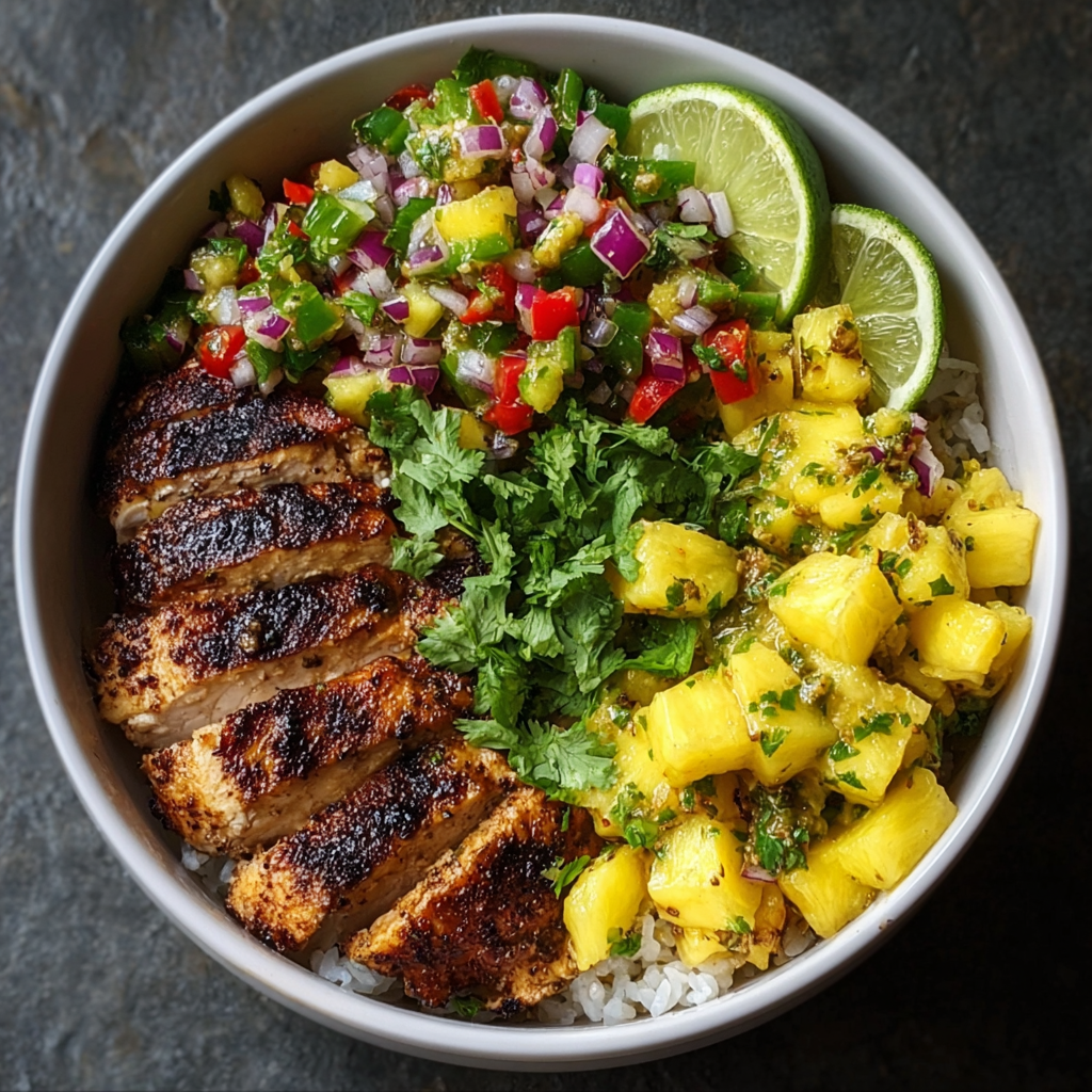 Close up of pineapple salsa and jerk chicken slices