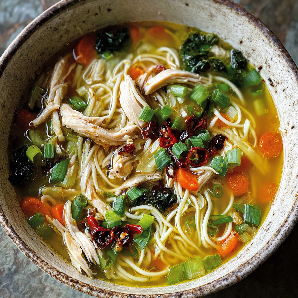 Ginger Garlic Chicken Noodle Soup bowl with cilantro garnish
