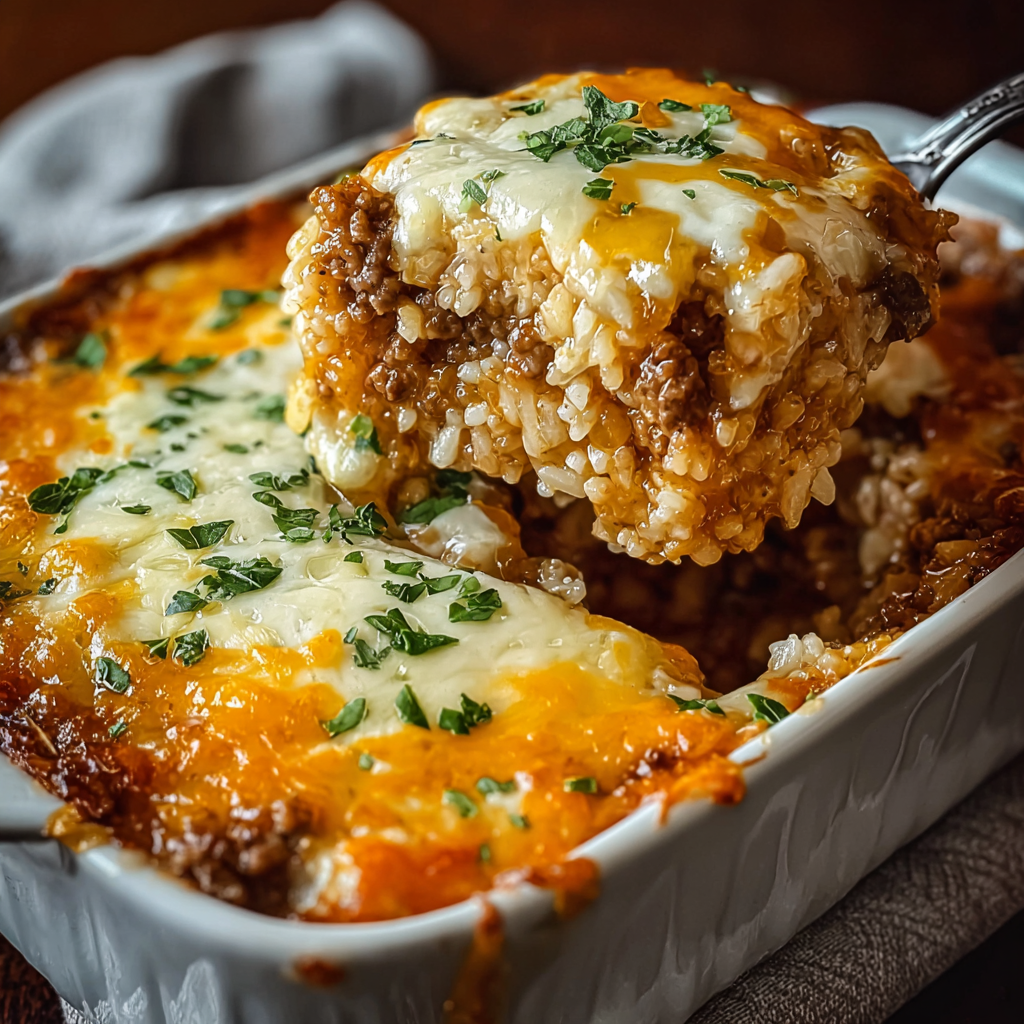 Baked French Onion Ground Beef and Rice Casserole in a 9x13 dish