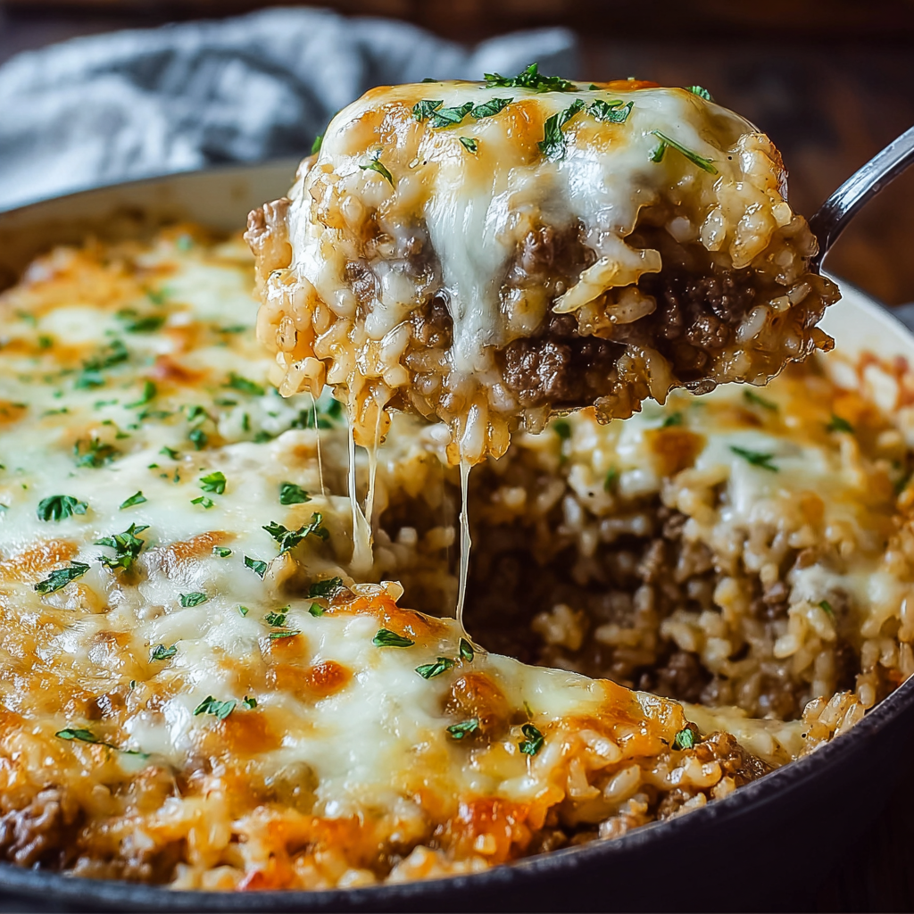 Close up of cheesy casserole topped with crispy onions