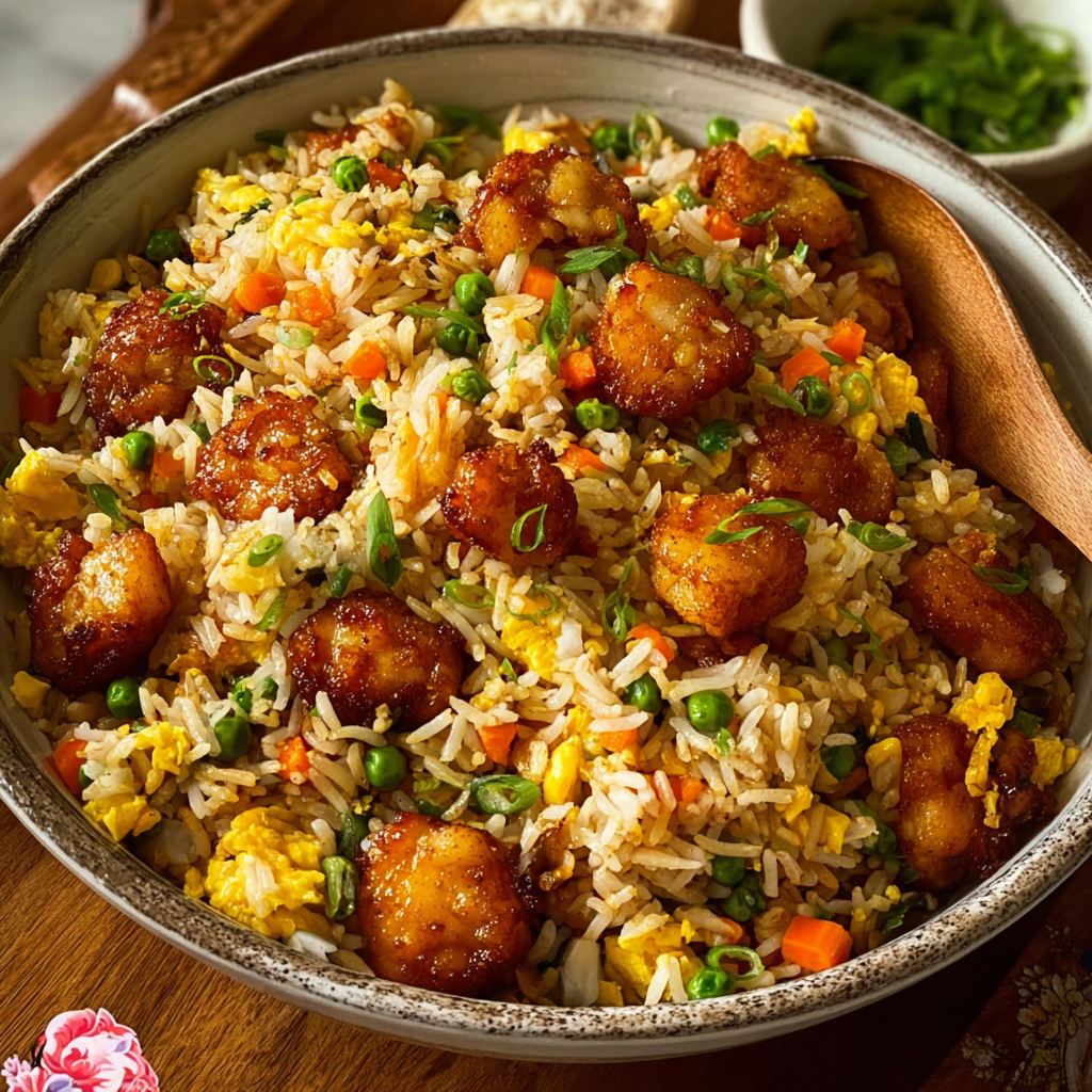 Bang bang chicken fried rice in a skillet