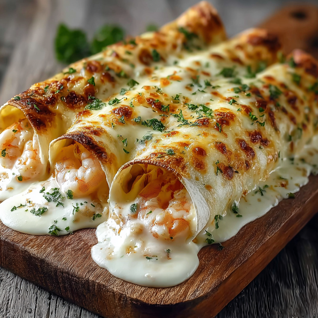 Baked cheesy seafood tortilla bombs in a baking dish