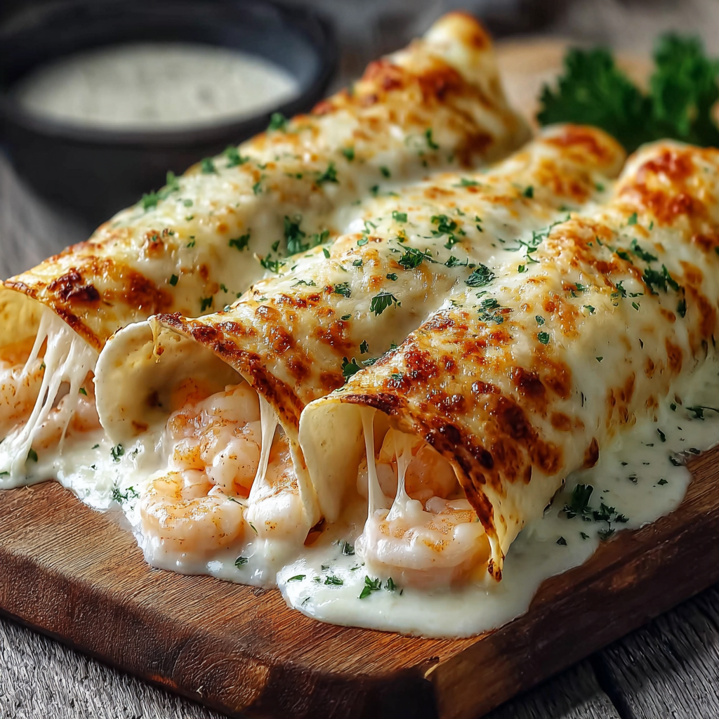 Close-up of cheesy seafood filling oozing from a sliced tortilla bomb