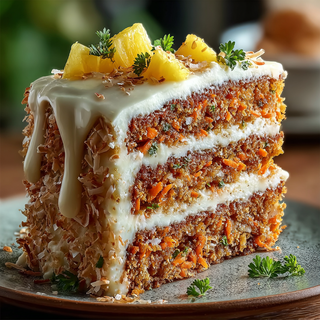Hawaiian Carrot Pineapple Cake shown sliced with frosting