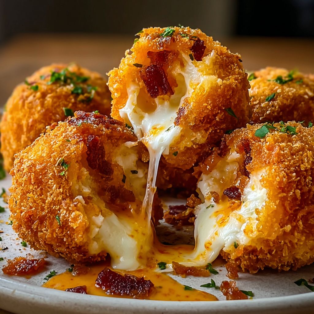 Buffalo chicken bacon mozzarella bombs frying in a pan