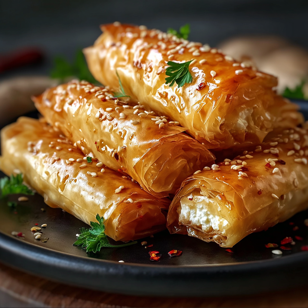 Golden oven-fried feta rolls on a baking sheet