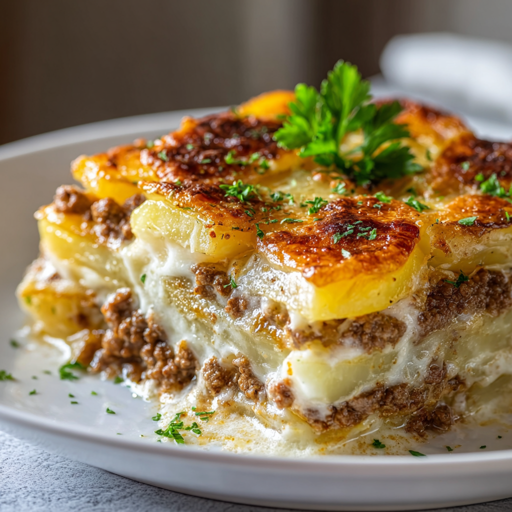 Layered beef and potato casserole before baking