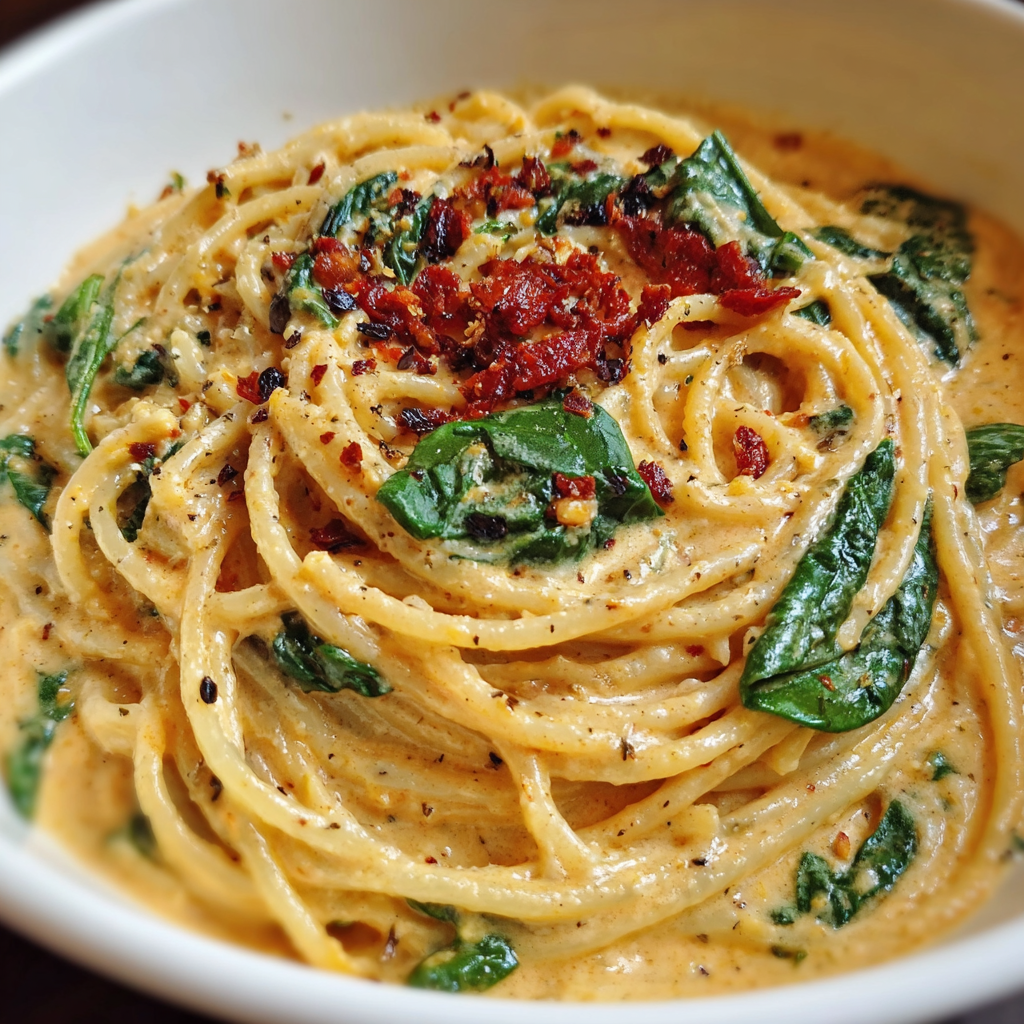 Spaghetti with sun-dried tomato cream sauce being tossed in a skillet
