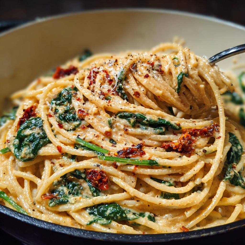 Close up of creamy sun-dried tomato pasta plated with basil garnish