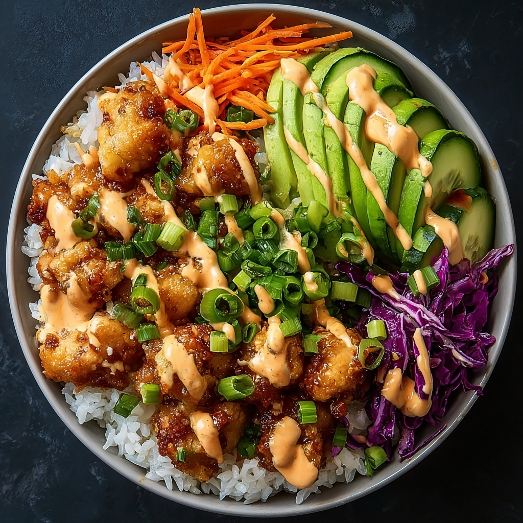 Bang Bang Chicken in bowl with rice and vegetables