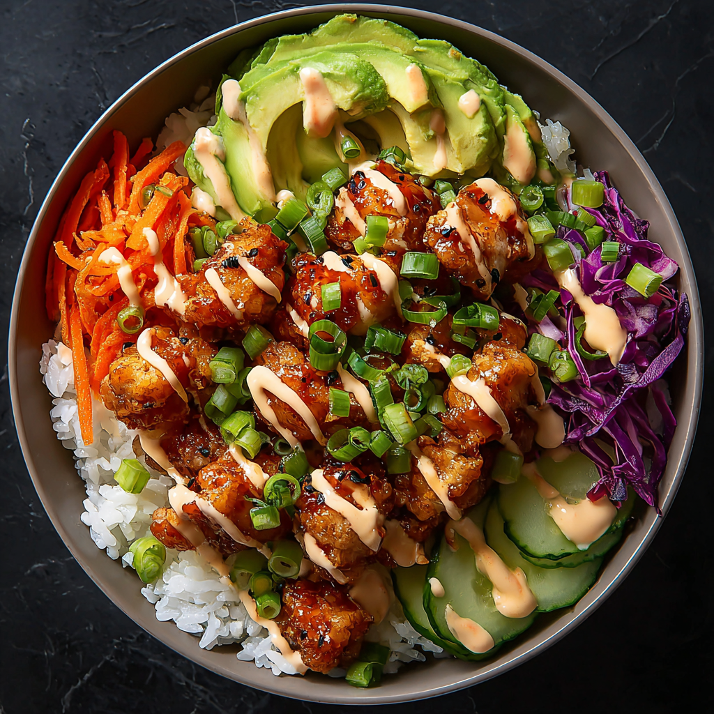 Close-up of bang bang sauce drizzled over chicken and rice