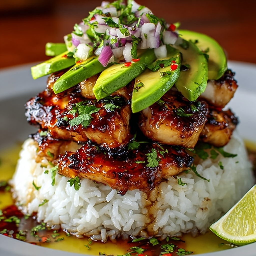 Assembled rice stack with avocado mix on top