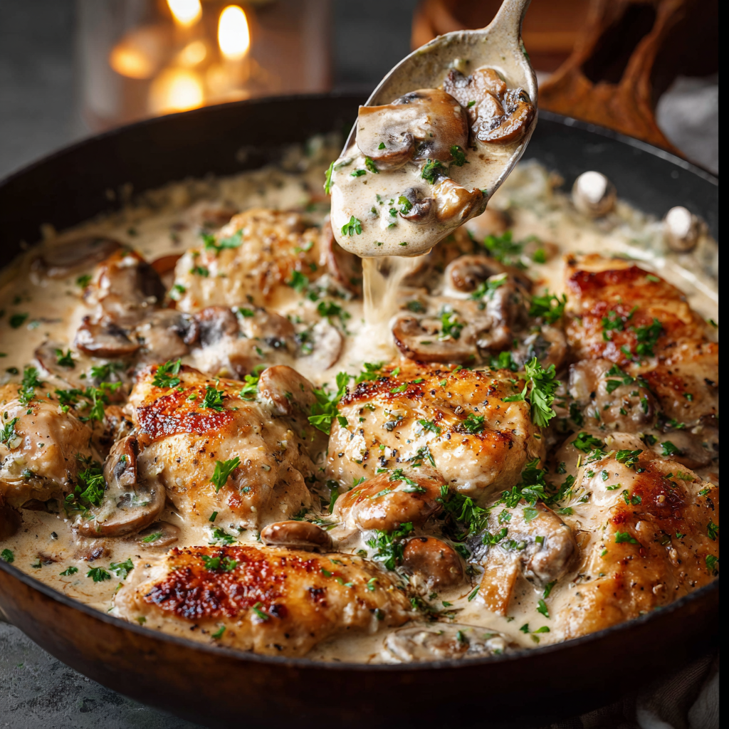 Sliced cremini mushrooms and chopped onion in skillet