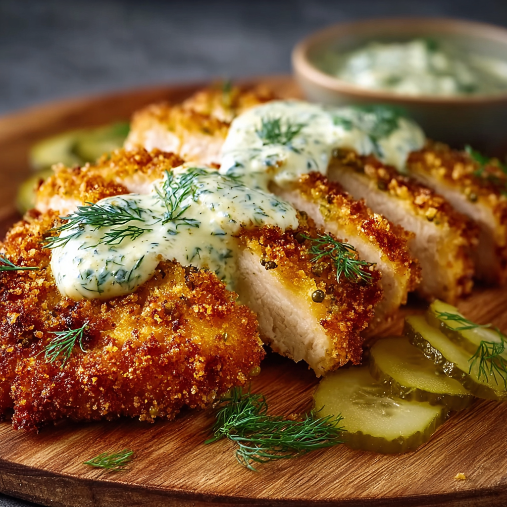 Crispy dill pickle parmesan chicken plated