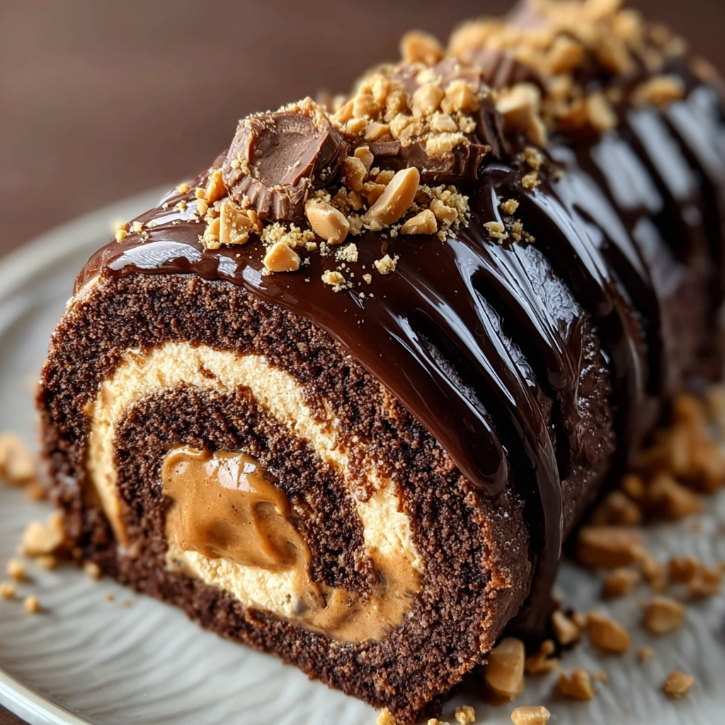 Close up on chocolate ganache and chopped peanut butter cups