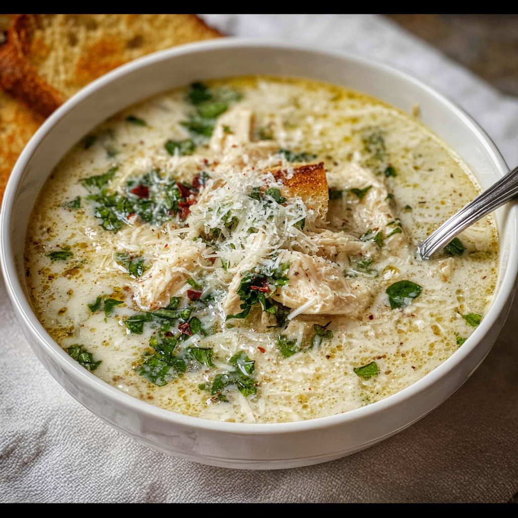 Creamy garlic Parmesan chicken soup in a bowl with parsley garnish