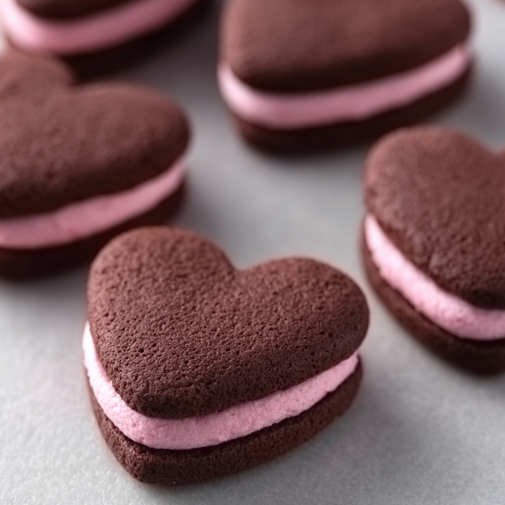 Assembled heart sandwich cookies with filling