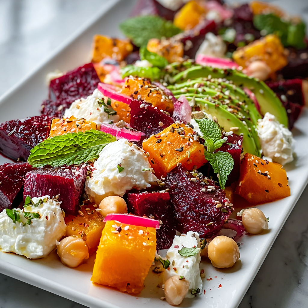 Roasted beet and sweet potato salad plated with avocado and ricotta