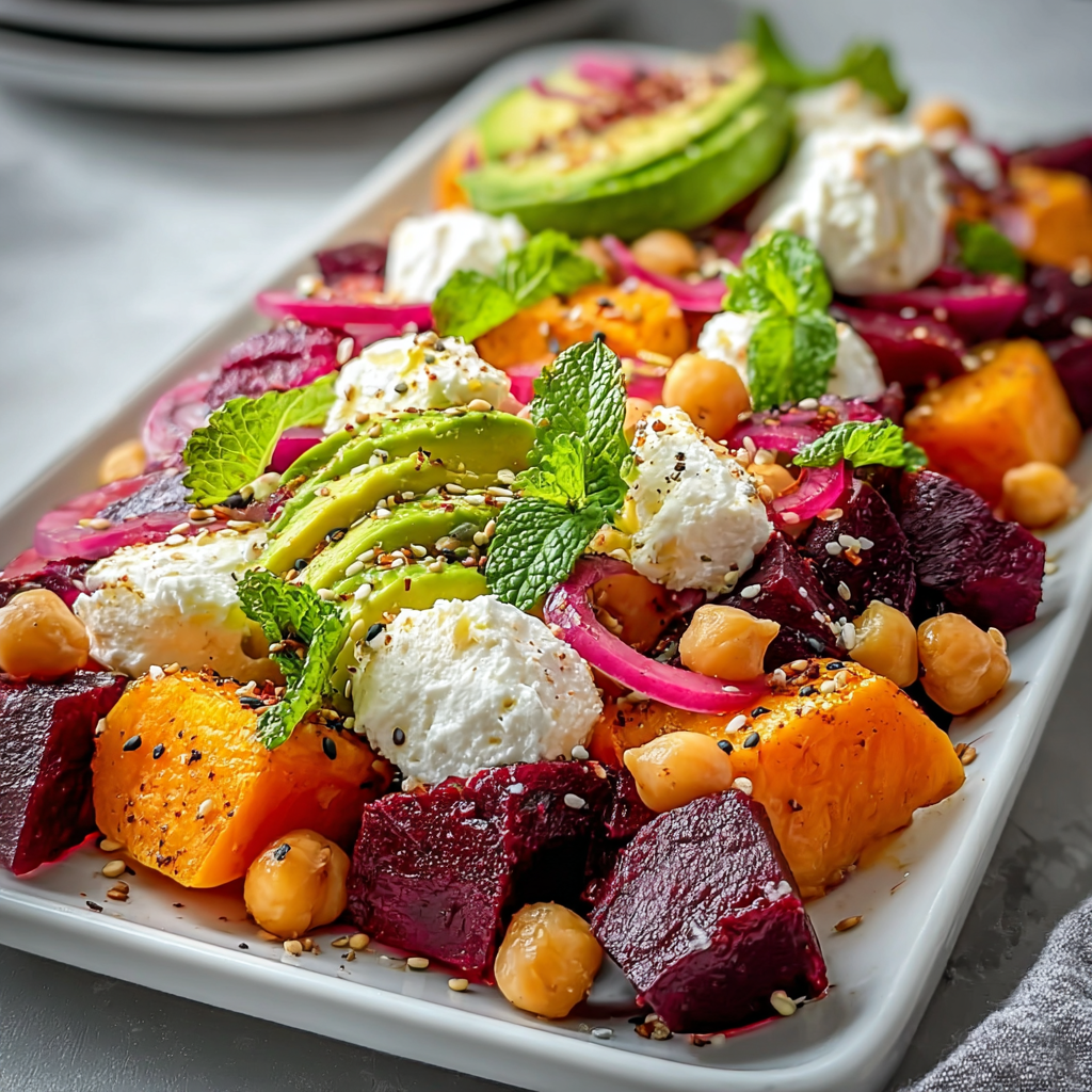 Close-up of roasted vegetables and whipped ricotta on greens