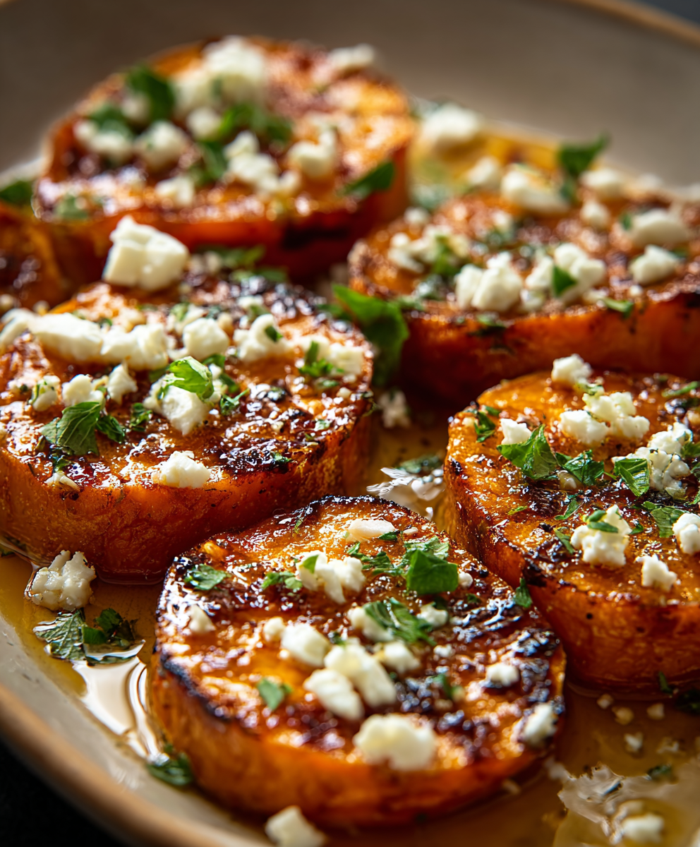 Roasted sweet potato rounds with feta and honey