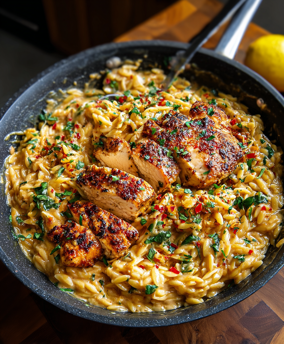 One pot Cajun chicken alfredo orzo in a pot