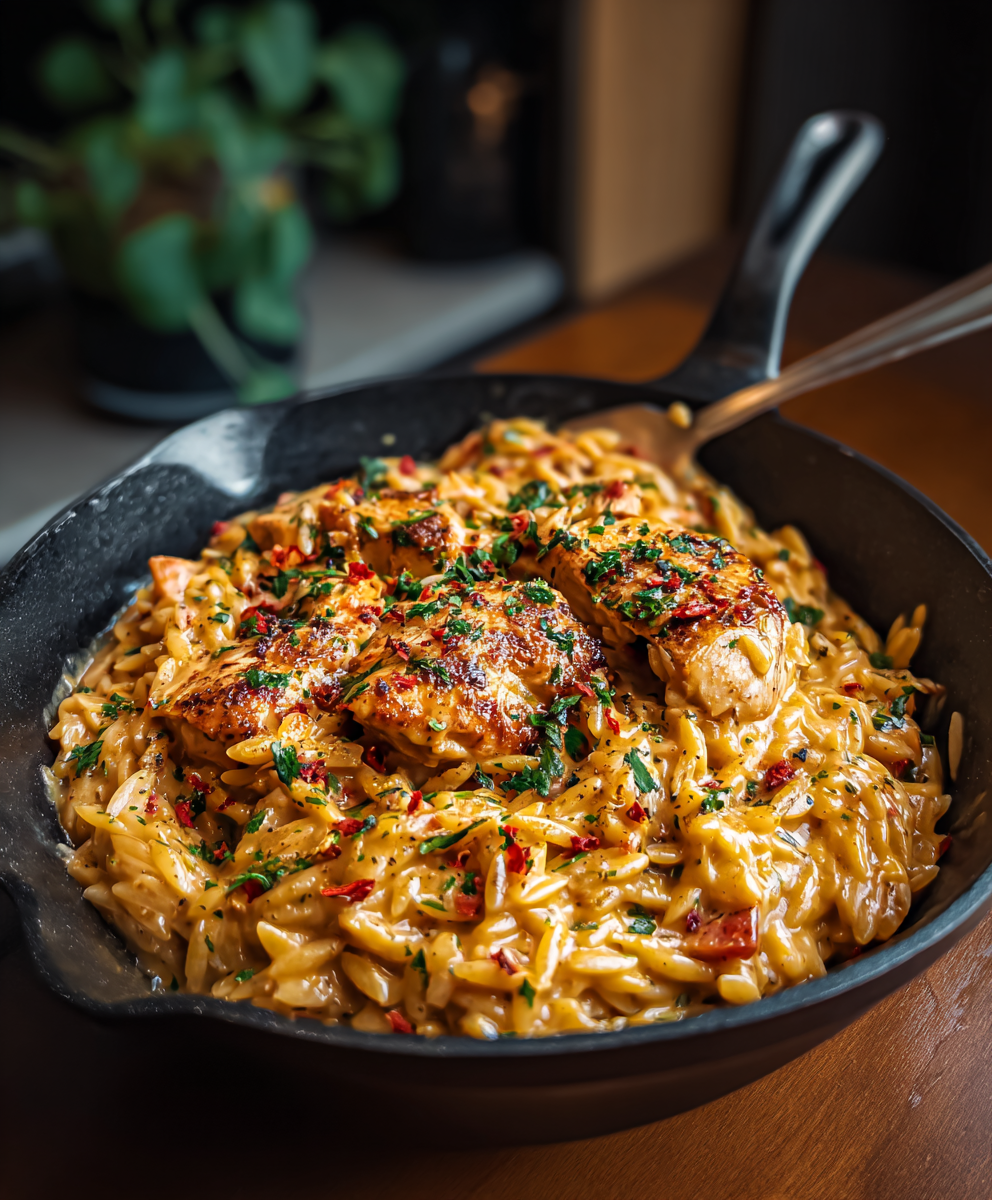 Creamy orzo being stirred in the pot