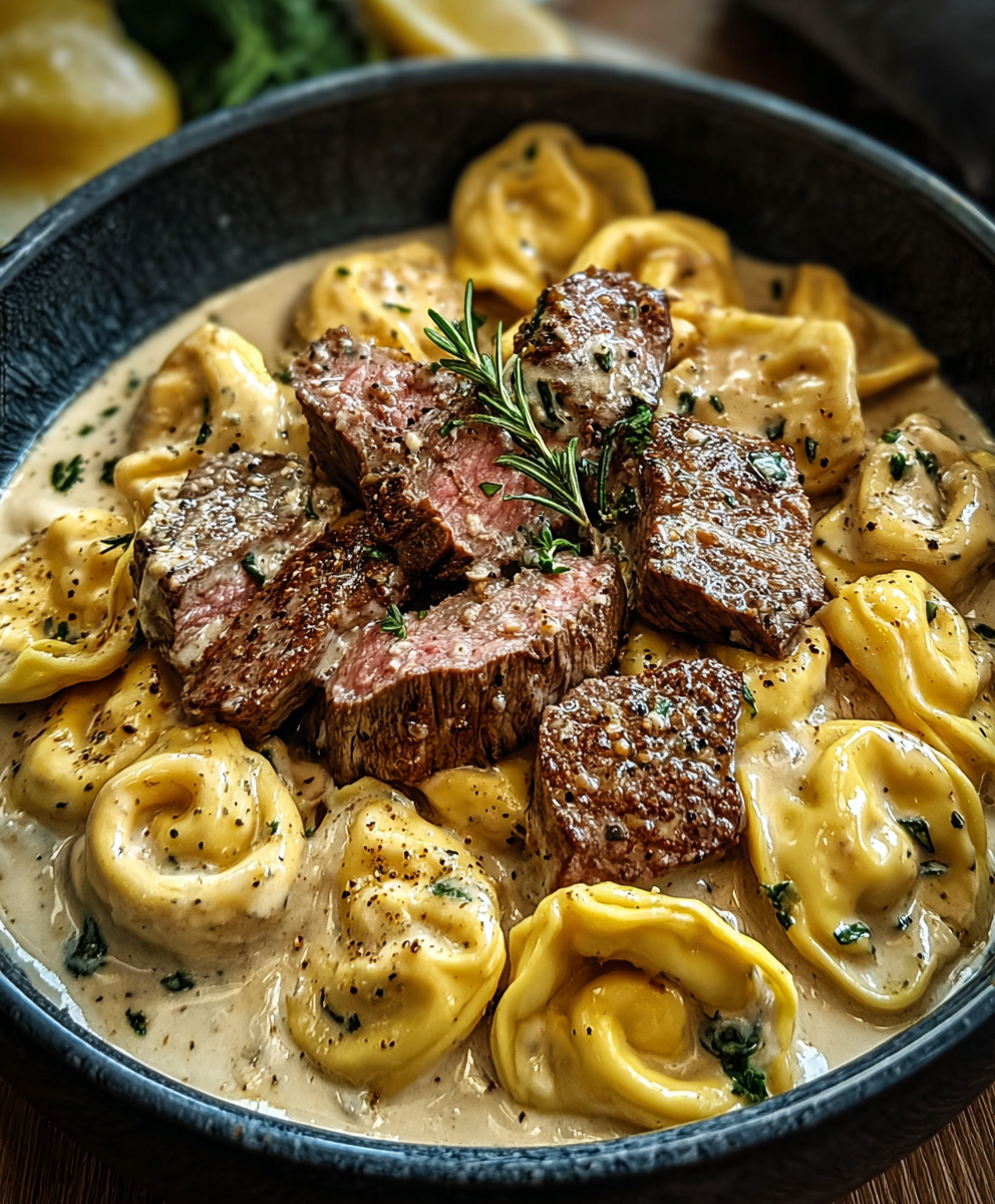 Seared steak sliced over creamy tortellini