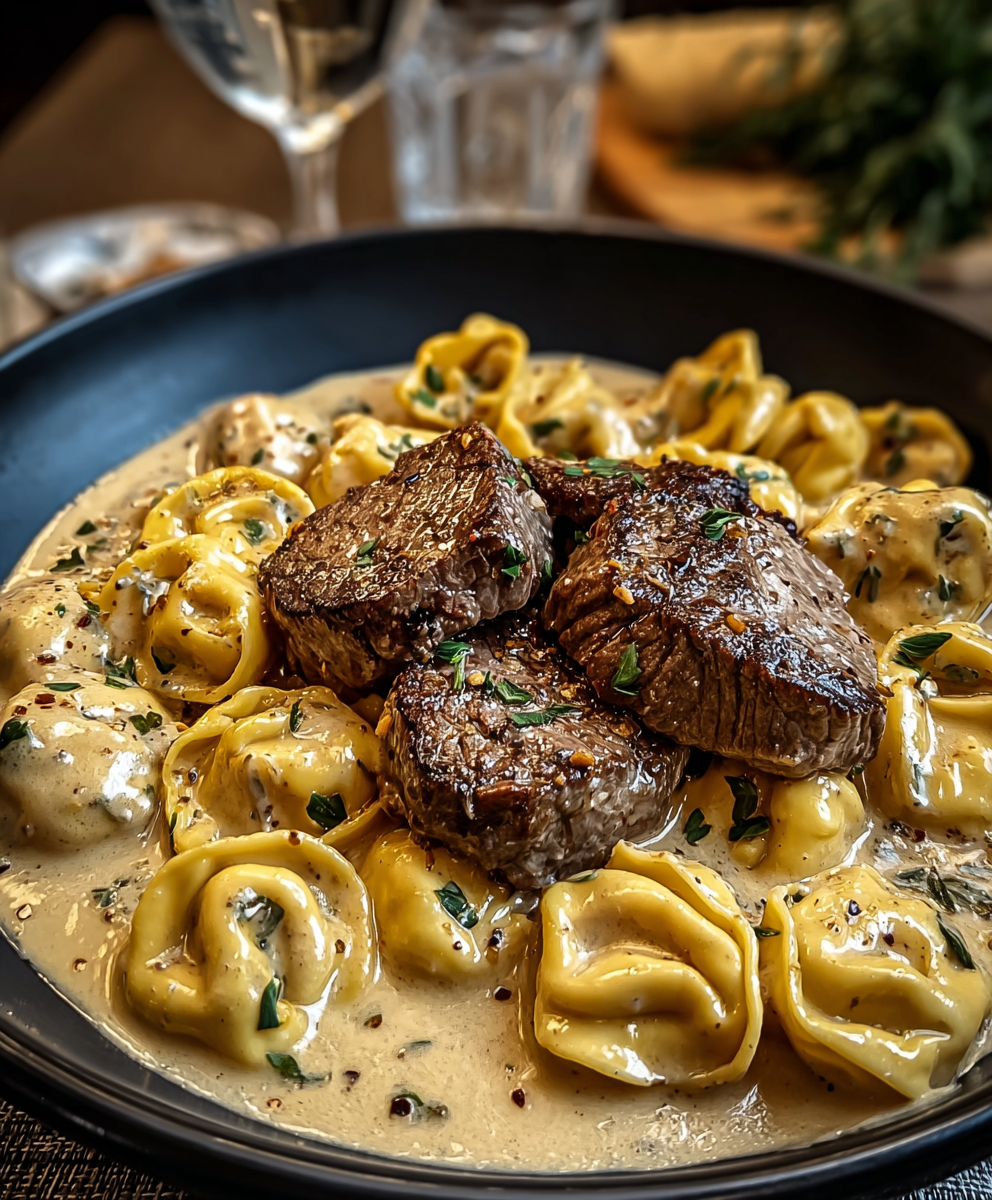 Creamy parmesan sauce coating tortellini