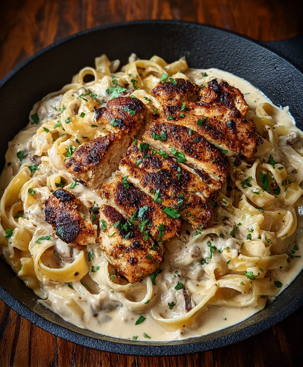 Blackened Cajun Chicken Alfredo plated with parsley