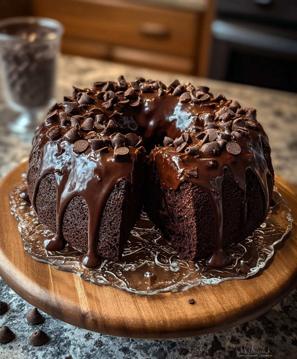 Bundt cake being drizzled with ganache
