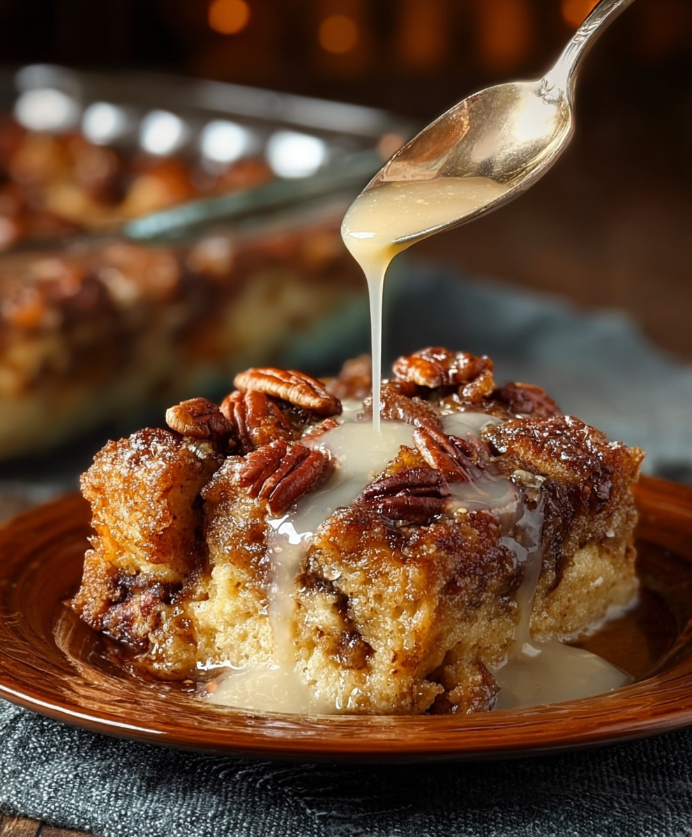 Pecan pie bread pudding in a baking dish with pecan topping