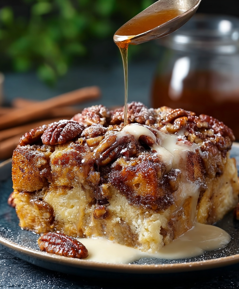 Close-up of pecan topping on bread pudding