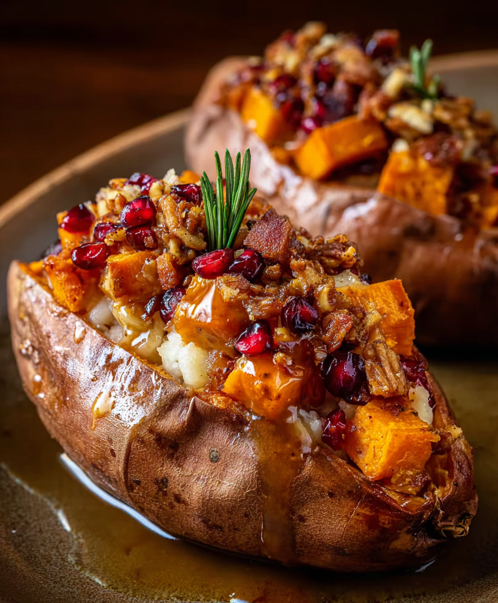 Baked sweet potatoes sliced open and filled with apple spiced mixture