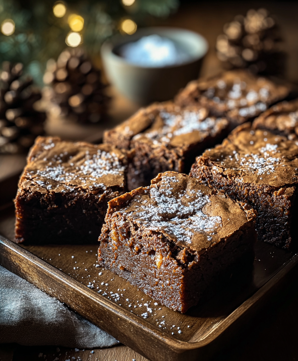 close up of a cut gingerbread brownie dusted with powdered sugar