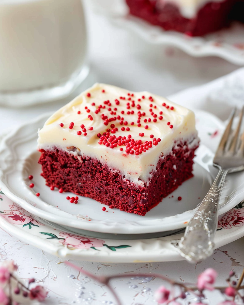 Sliced red velvet bars on a serving plate