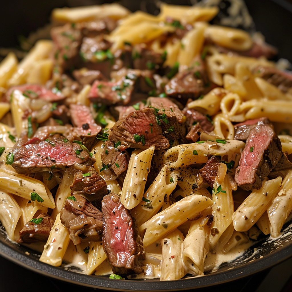 One-Skillet Spicy Garlic Butter Parmesan Steak Pasta