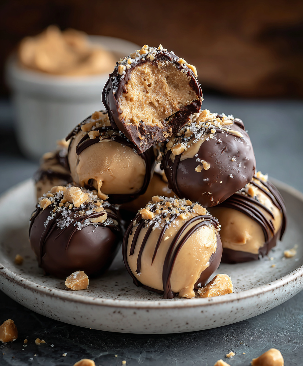 Close-up of chocolate-dipped yogurt bite with flaky salt