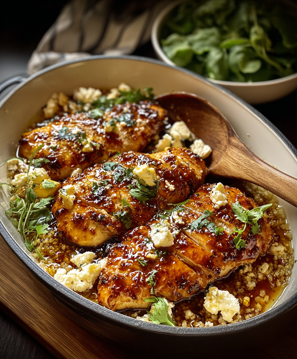 Hot honey being drizzled over feta-topped chicken