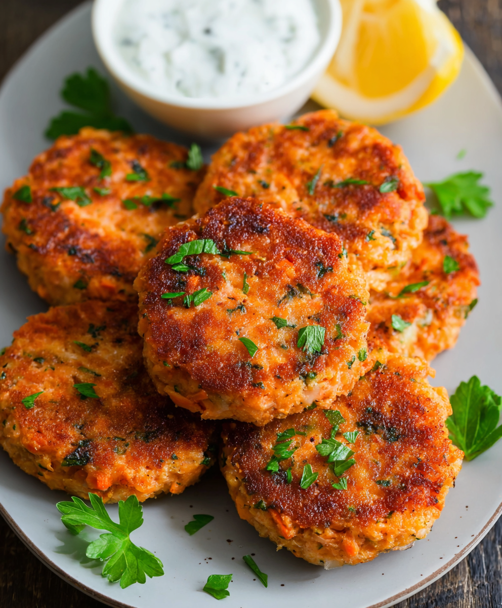 Plated salmon patties with lemon and dill