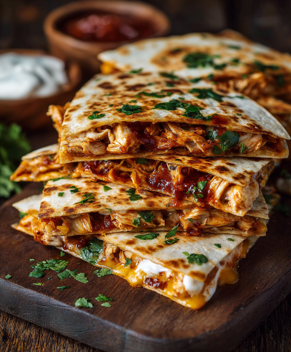 Close up of cheesy interior of a BBQ chicken quesadilla