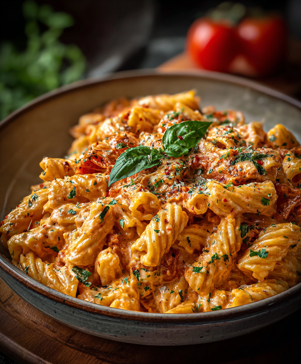 Plated creamy tomato garlic pasta with basil