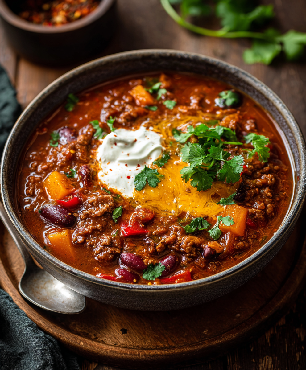 Bowl of pumpkin chili with garnishes