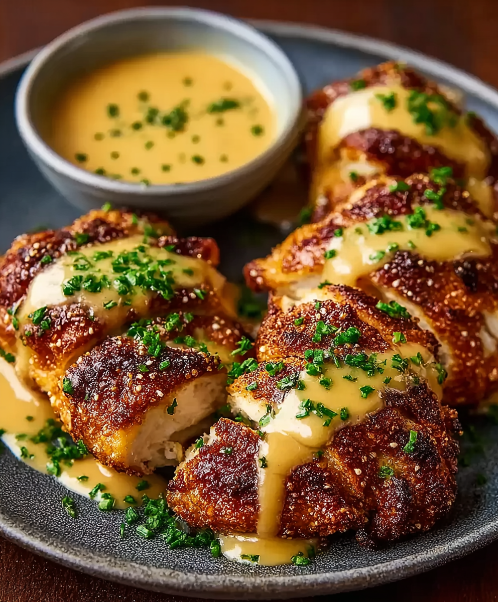 Pretzel Chicken with Mustard Cheddar Sauce