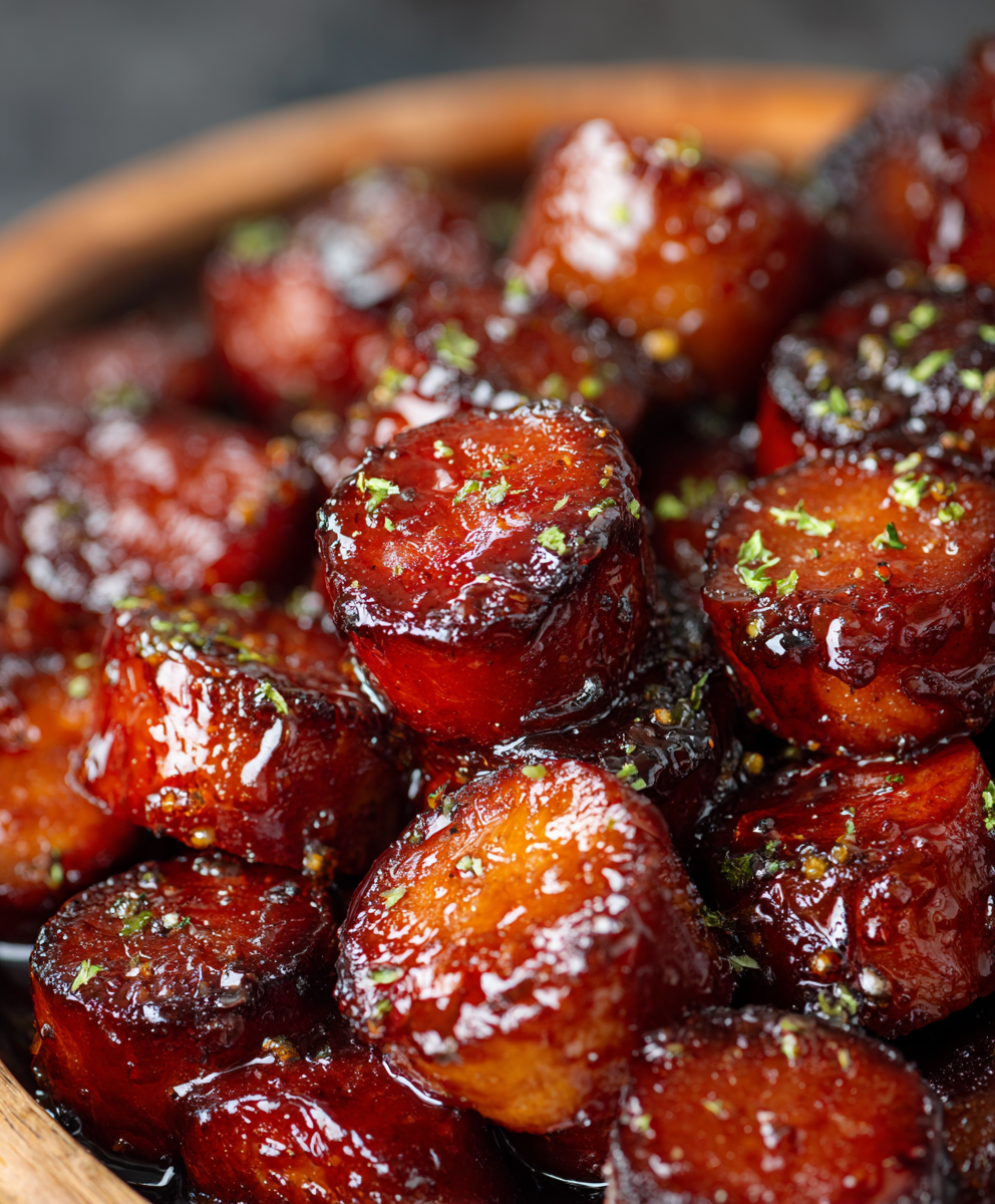 Platter of BBQ sausage bites with toothpicks