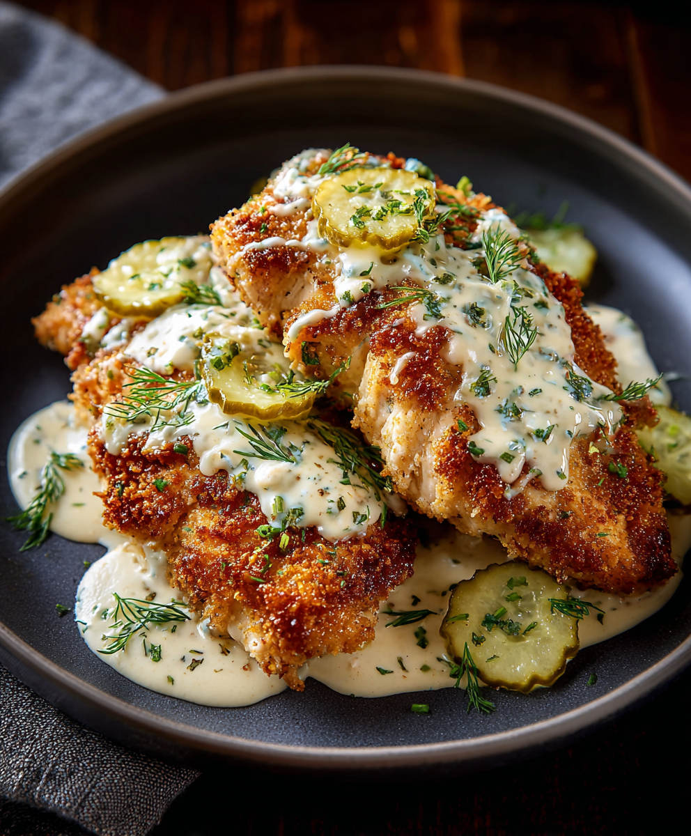 Sliced chicken with dill pickle garnish