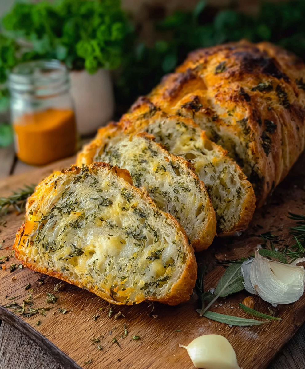 Loaf of Italian herbs and cheese bread fresh from the oven